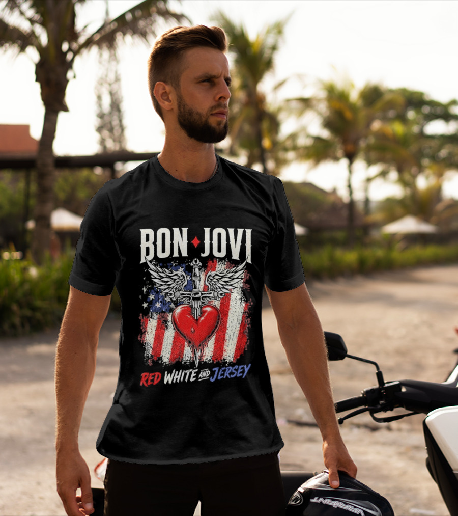 Bon Jovi Red White Jersey Heart And Dagger American Flag T-Shirt