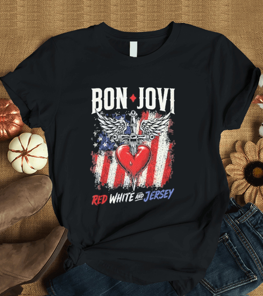 Bon Jovi Red White Jersey Heart And Dagger American Flag T-Shirt