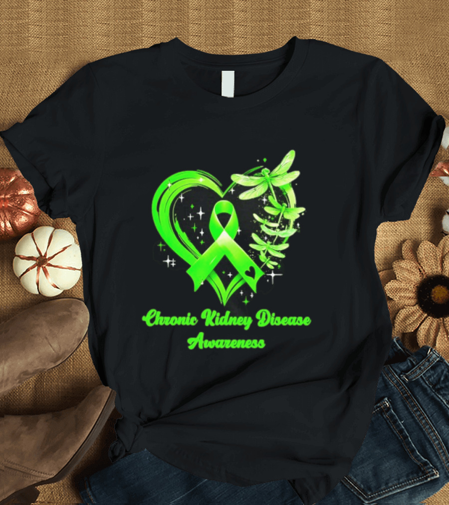 Chronic Kidney Disease Awareness Green Ribbon Heart And Dragonfly T-Shirt