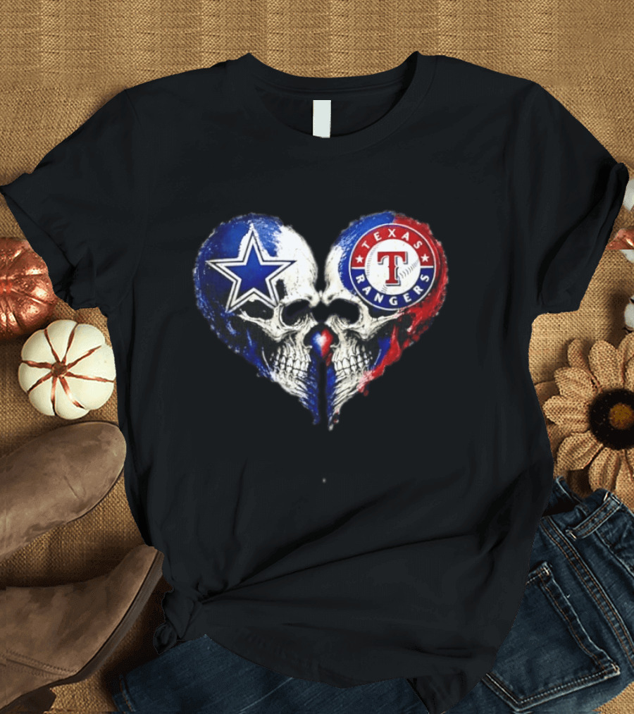 Dallas Cowboys Star And Texas Rangers Skull Heart T-Shirt