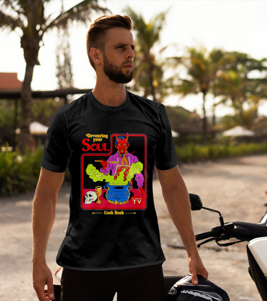 Devouring Your Soul Cook Book Steven Rhodes Retro Devil Cooking As Seen On TV Horror T-Shirt