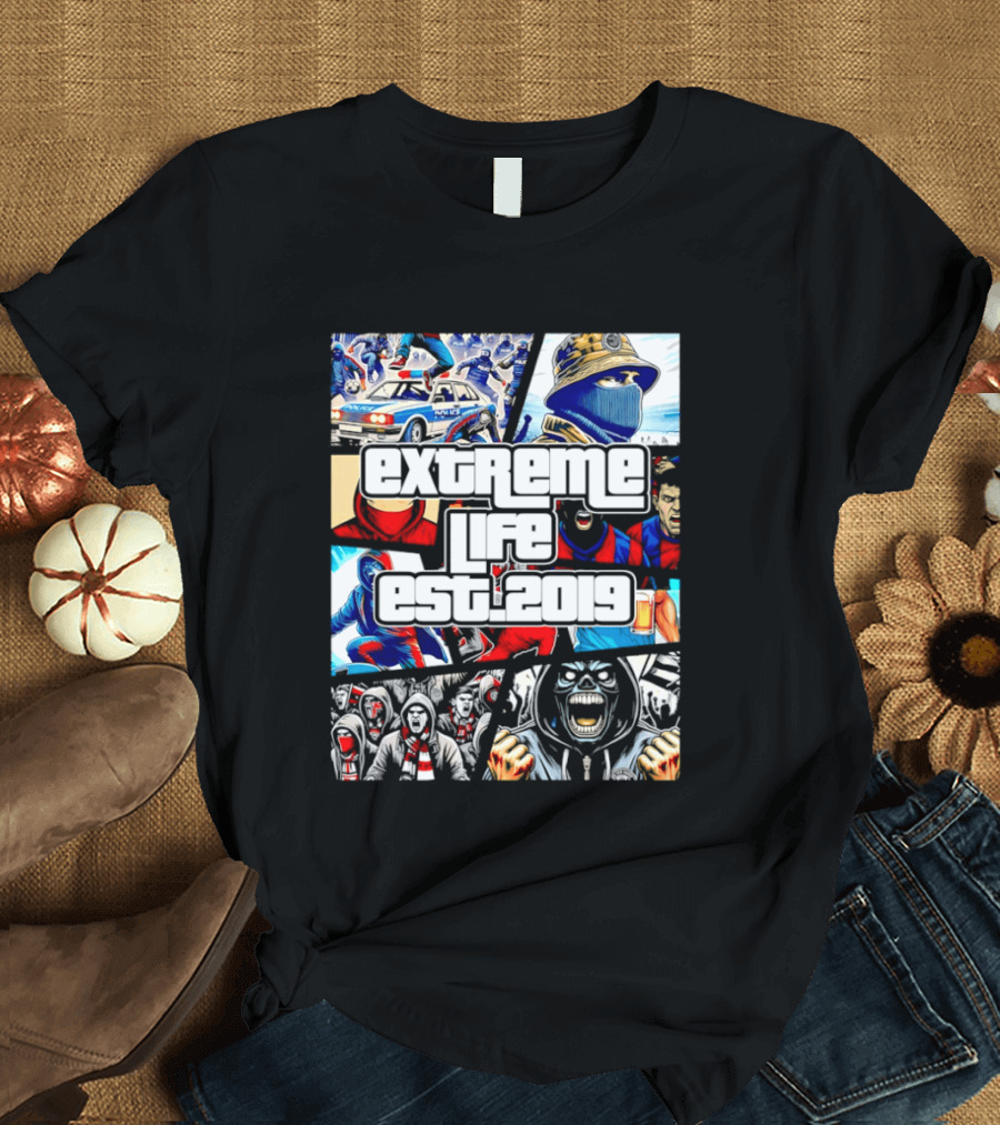 Extreme Life Est 2019 Football Hooligan Collage T-Shirt