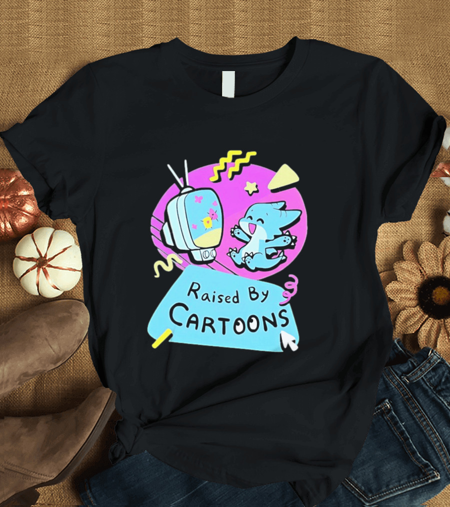Raised By Cartoons Nostalgia 90s Kid Cartoon Lover Retro TV And Playful Puppy Scene T-Shirt