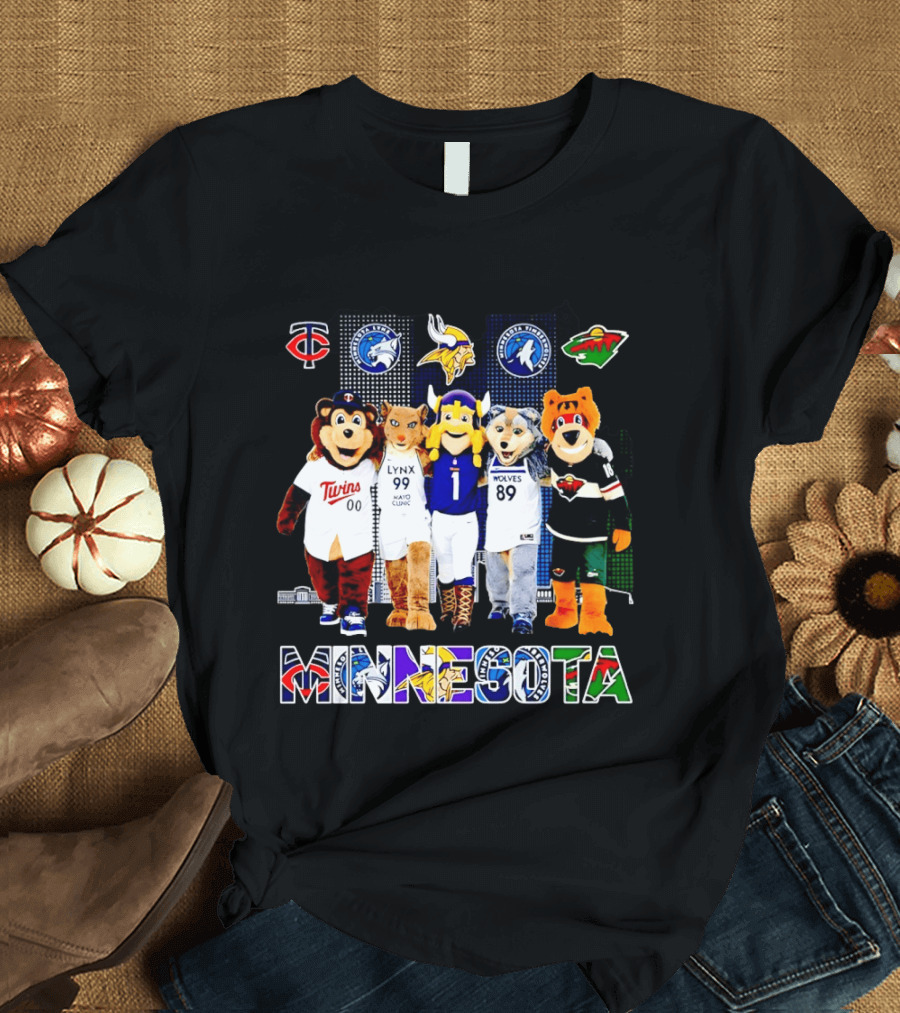 Minnesota Twins Lynx Vikings Timberwolves Wild Mascots Collage T-Shirt