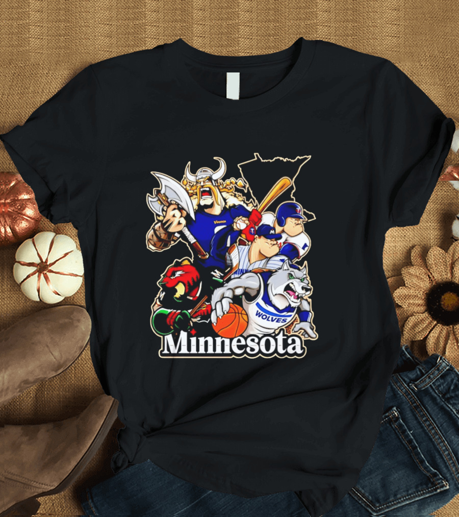 Minnesota Vikings Wild Twins Timberwolves Characters Collage T-Shirt