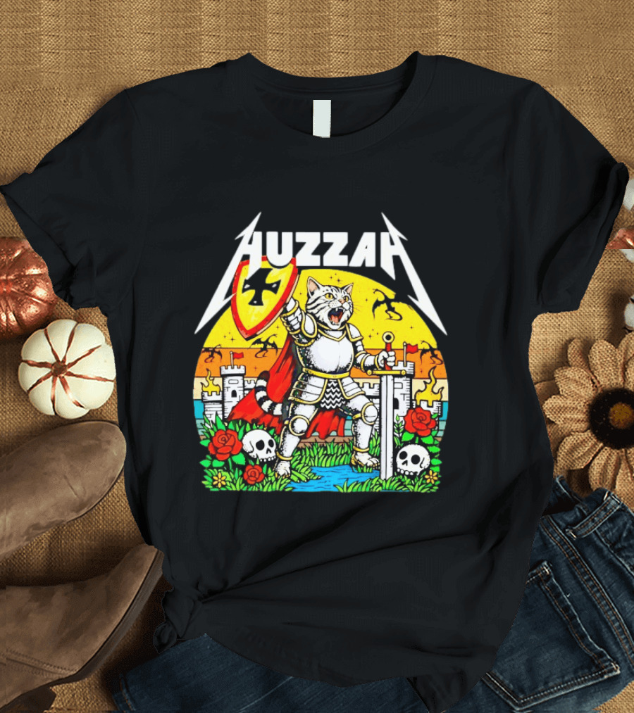 Huzzah Cat Knight Medieval Fantasy With Shield And Sword In Castle Scene T-Shirt