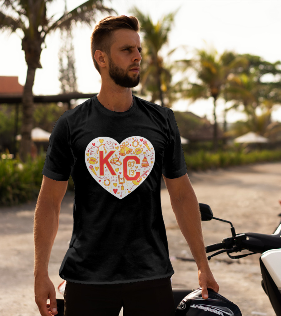 KC 87 13 Heart With Football Rings Music Bells Cake And Guitar T-Shirt