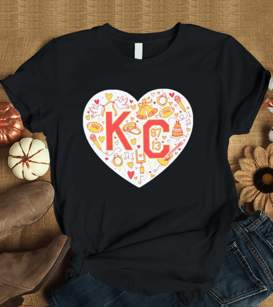 KC 87 13 Heart With Football Rings Music Bells Cake And Guitar T-Shirt