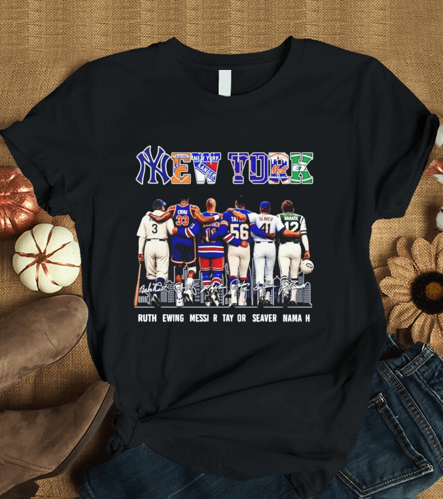 NY Sports Legends New York Yankees Knicks Rangers Mets Giants Jets Ruth Ewing Messier Taylor Seaver Namath T-Shirt