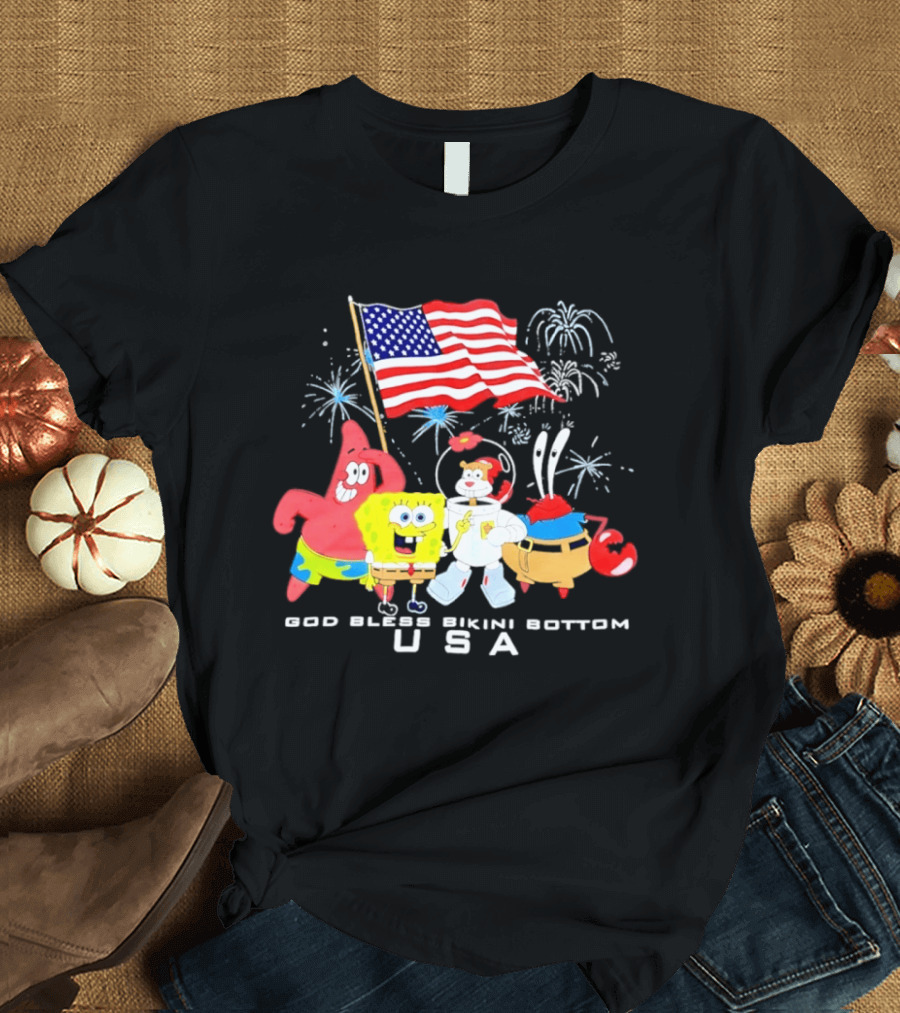 God Bless Bikini Bottom USA Sponge 4th Of July Celebration T-Shirt