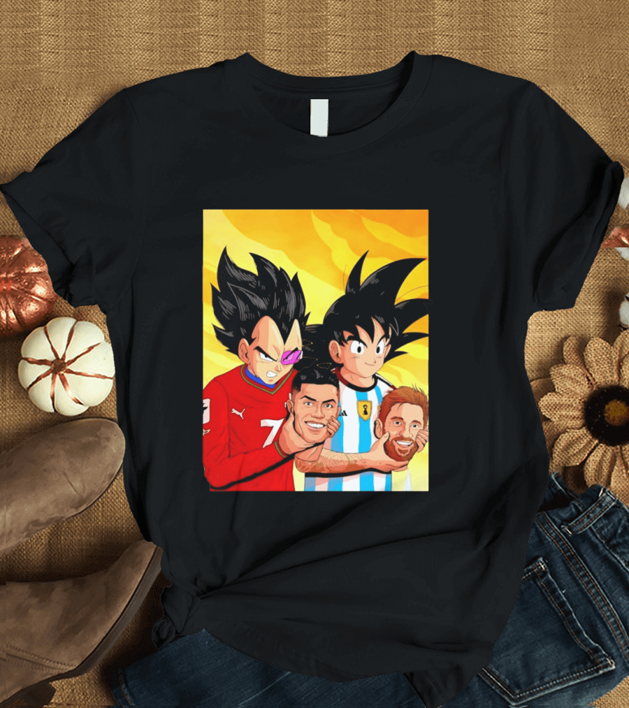 Vegeta And Goku With Ronaldo 7 And Messi Argentina Heads T-Shirt