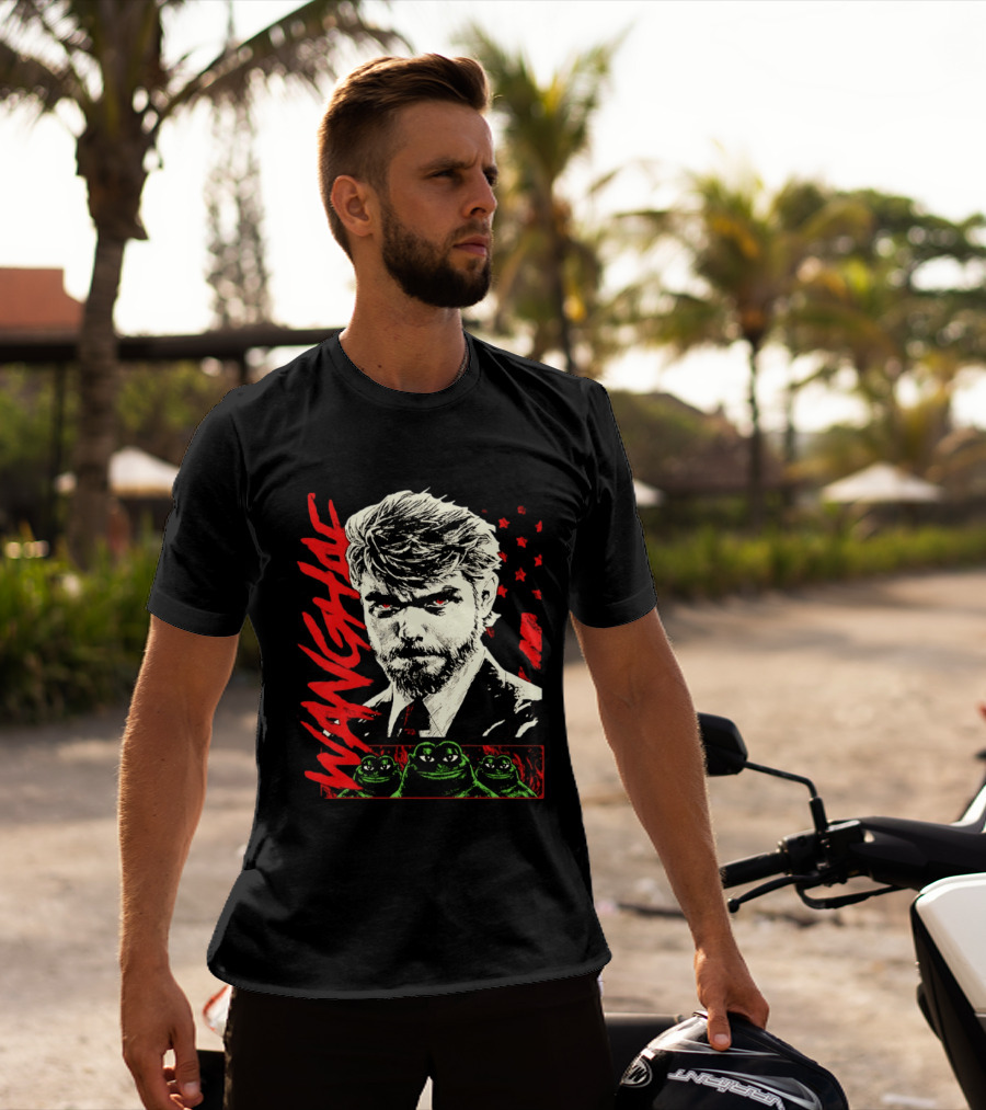 Wangyae Distressed Frogs With Intense Bearded Man And Red Accents T-Shirt