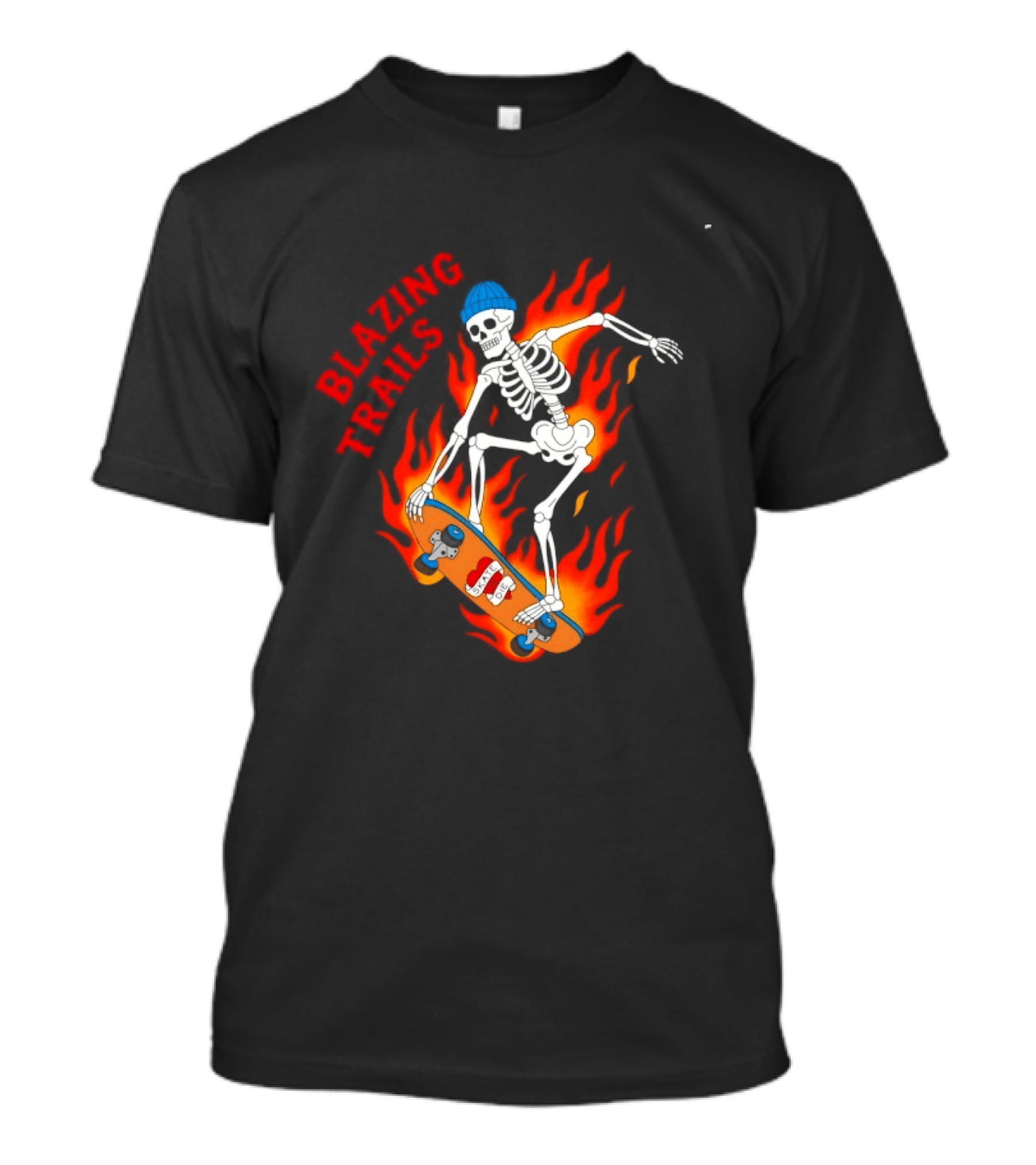 Blazing Trails Skate Or Die Skeleton Flaming Skateboard T-Shirt