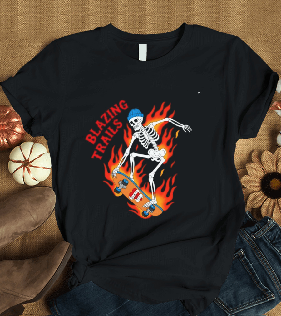 Blazing Trails Skate Or Die Skeleton Flaming Skateboard T-Shirt