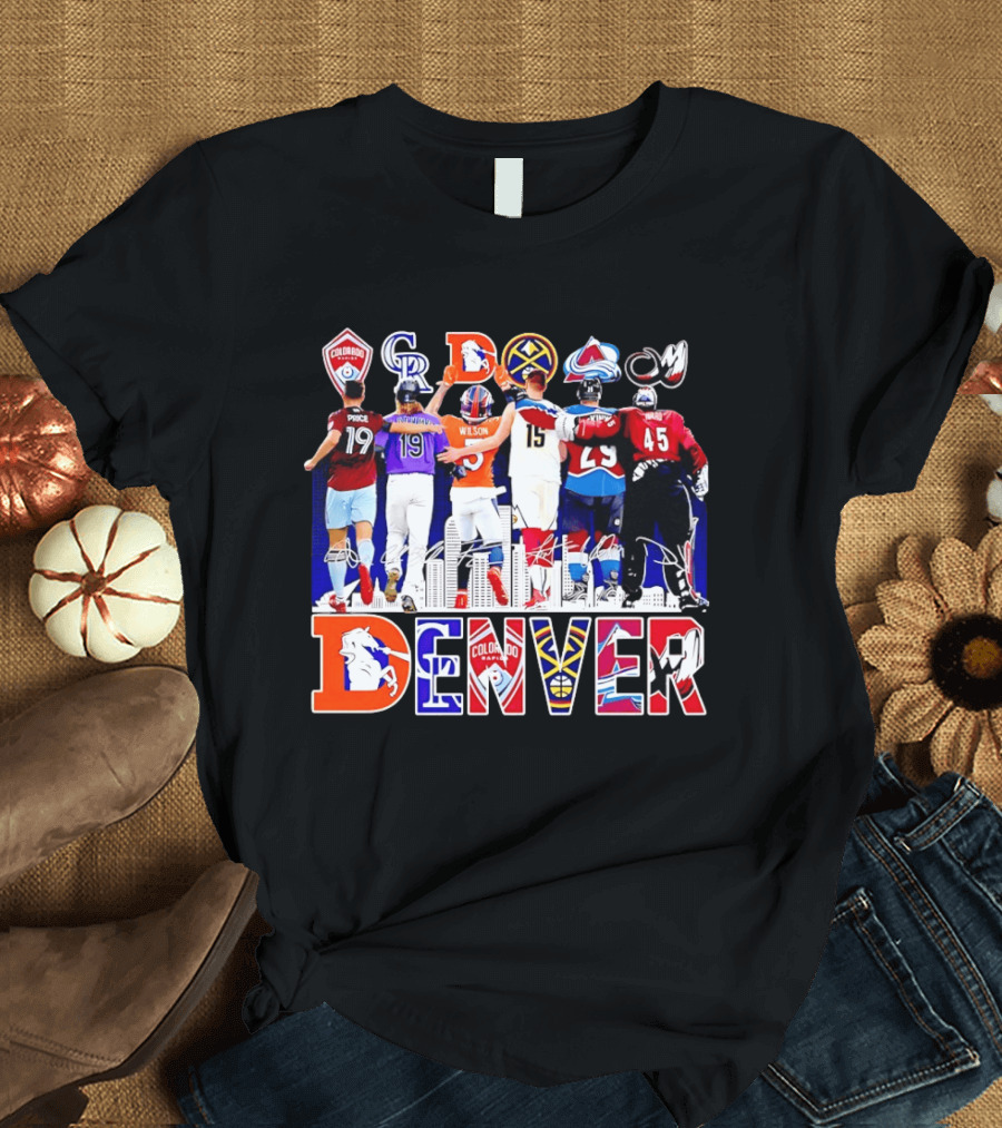 Denver Colorado Sports Collage With Price Wilson Skyline And Team Logos T-Shirt