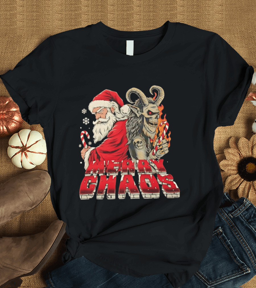 Merry Chaos Santa And Krampus Candy Cane Flames Christmas T-Shirt