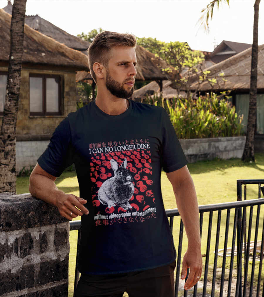 I Can No Longer Dine Without Videographic Entertainment Rabbit Surrounded By Red Roses T-Shirt