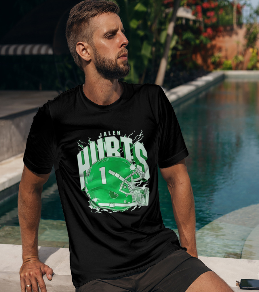 Jalen Hurts 1 Philadelphia Eagles Green Helmet Football T-Shirt