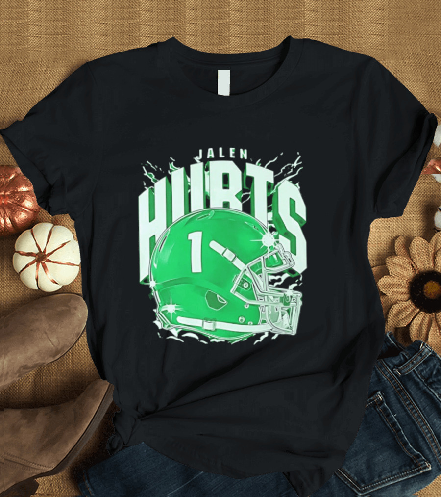 Jalen Hurts 1 Philadelphia Eagles Green Helmet Football T-Shirt