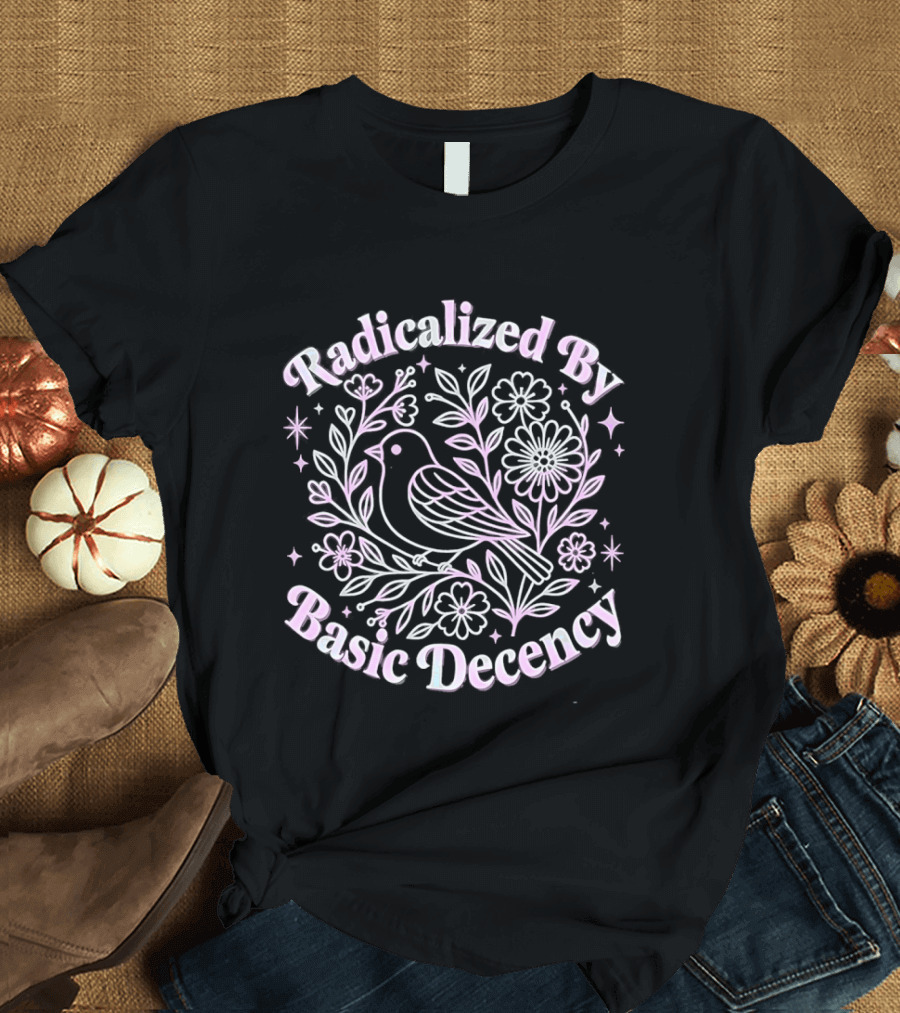 Radicalized By Basic Decency Bird Floral Motif T-Shirt
