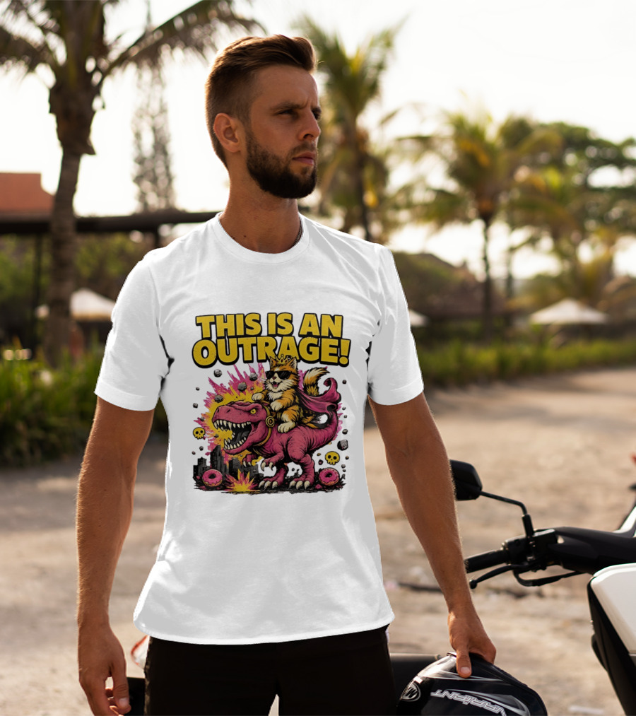 This Is An Outrage Cat King With Sunglasses Riding A Pink Rex With Explosions And Donuts T-Shirt