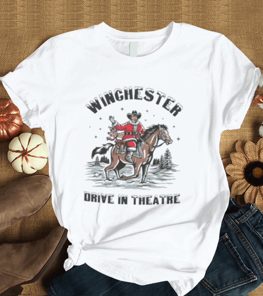 Winchester Drive In Theatre Santa Claus Riding Horse Christmas Cowboy T-Shirt