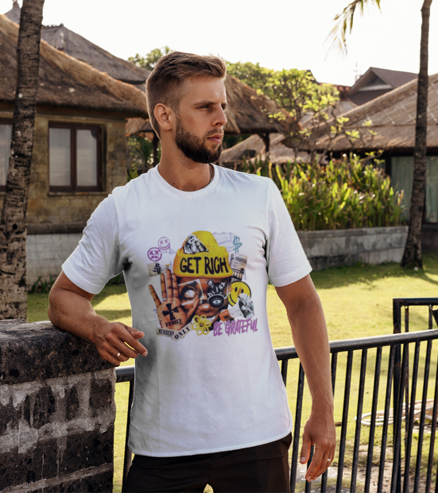 Get Rich Be Grateful Family 1st Members Only Collage Smiley Hand Signs T-Shirt