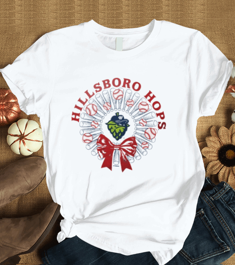Hillsboro Hops Baseball Christmas Wreath Holiday Bow T-Shirt