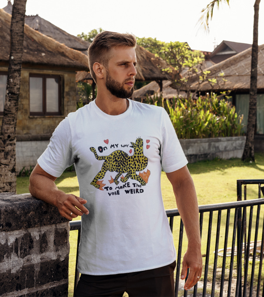 On My Way To Make The Vibe Weird Leopard Humor Illustration With Hearts And Flames T-Shirt