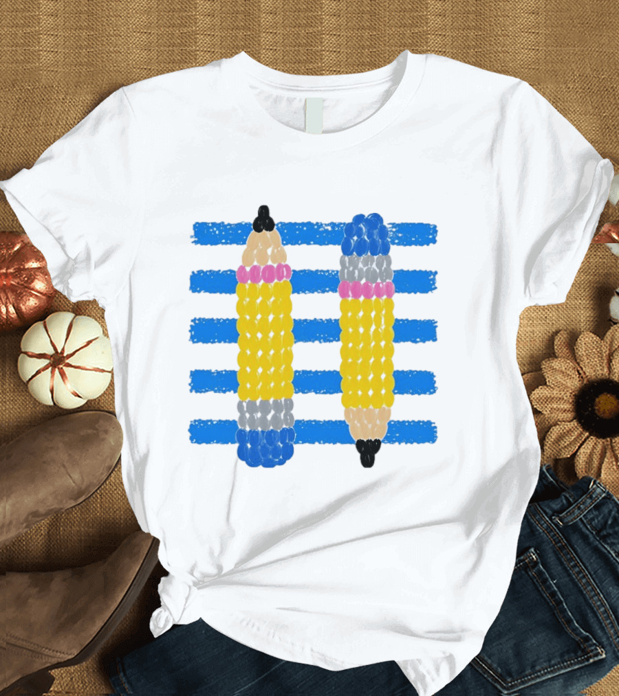 Beaded Pencils And Blue Stripes T-Shirt
