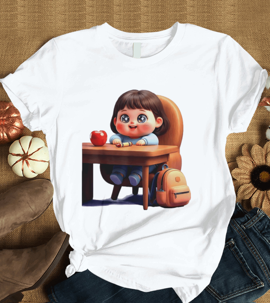 Cartoon Girl With Apple Backpack At Desk T-Shirt