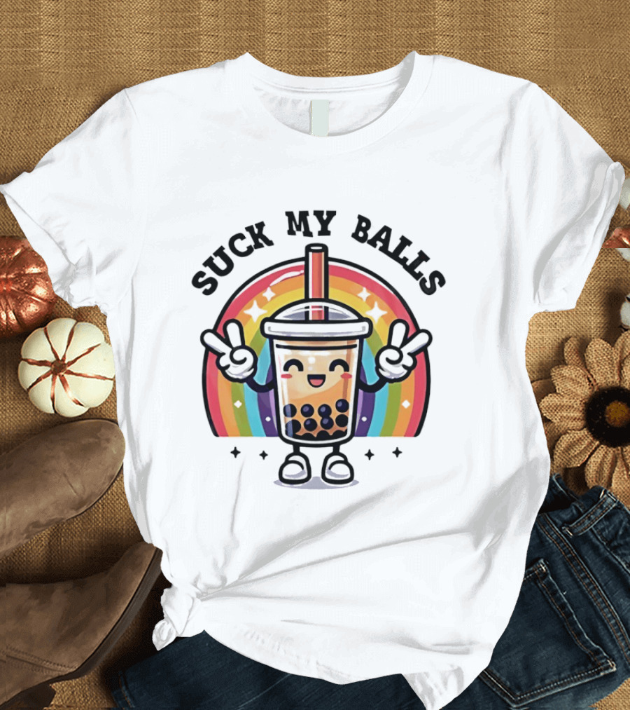 Suck My Balls Boba Tea Rainbow Peace Sign T-Shirt