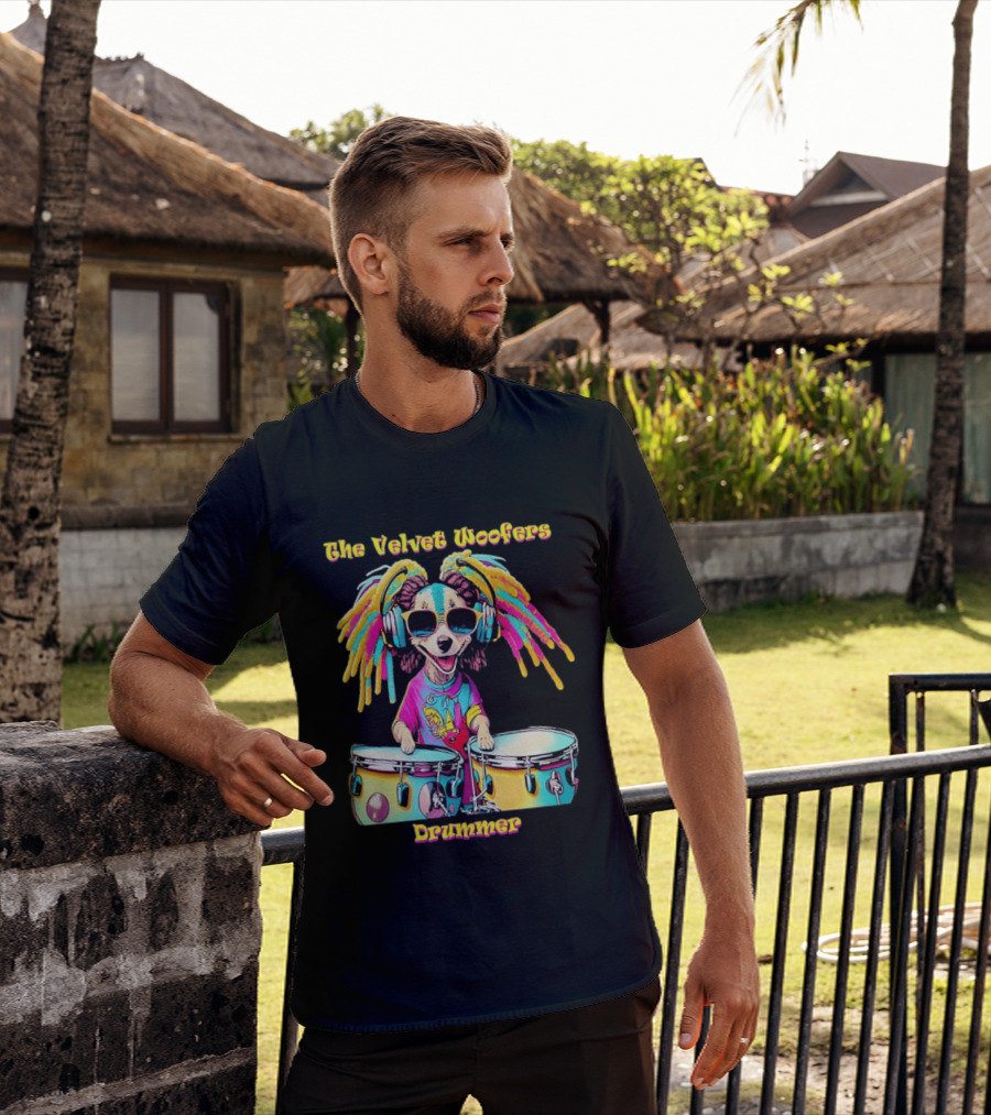 The Velvet Woofers Drummer Dog Colorful Cool Canine With Headphones And Drums T-Shirt