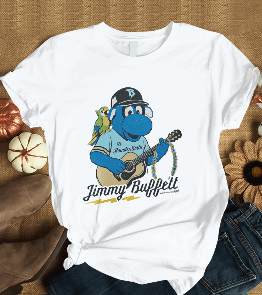 Jimmy Buffett Thunder Bolts Parrot Baseball Mascot Playing Guitar T-Shirt