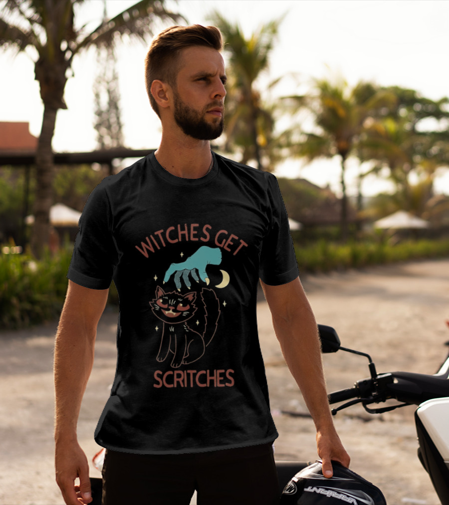 Witches Get Scritches Black Cat Halloween Moon And Hand T-Shirt