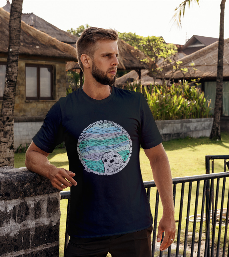 Woven Yarn Seal Ocean Colors Embroidery T-Shirt