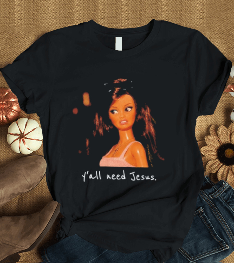 Y'all Need Jesus Doll Funny Meme Brown Hair Orange Dress T-Shirt
