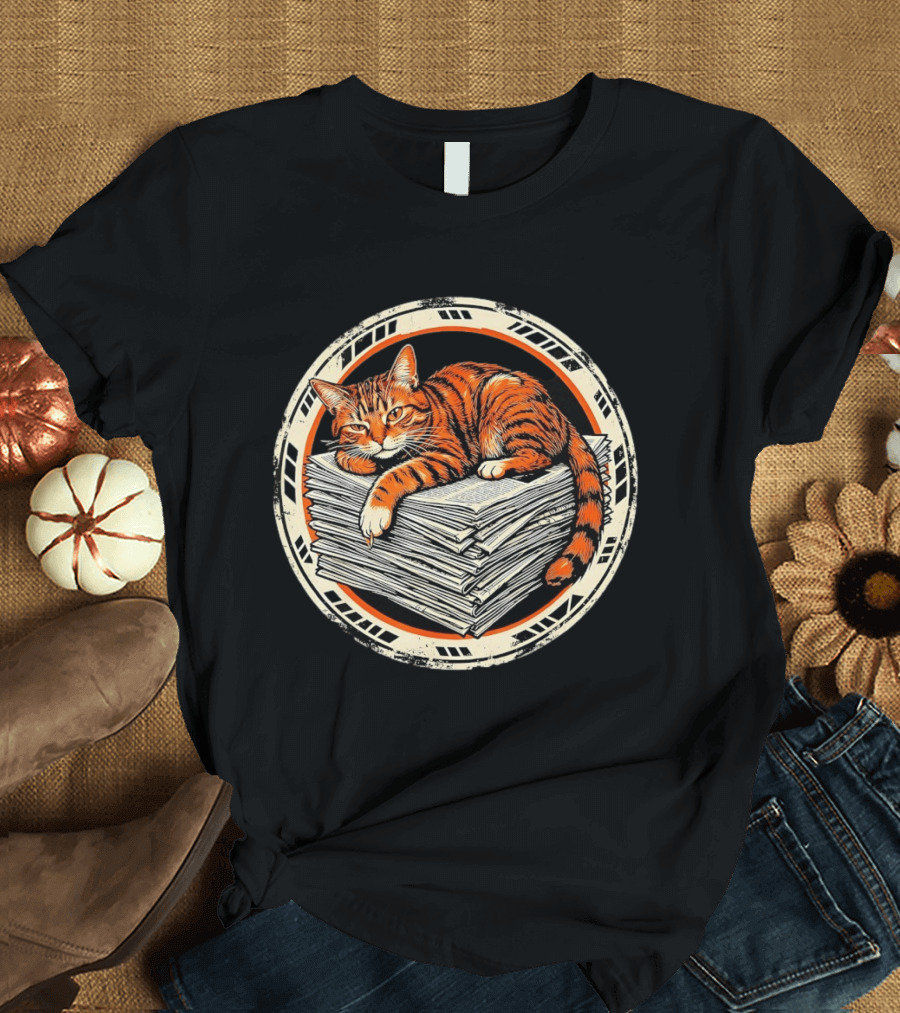 Orange Cat Relaxing On Stack Of Newspapers In Circle T-Shirt