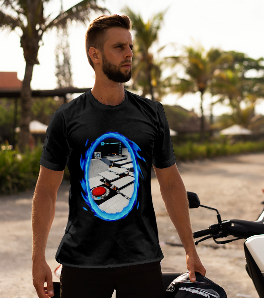 Portal Weighted Companion Cube Aperture Science Test Chamber Blue Portal Steps T-Shirt