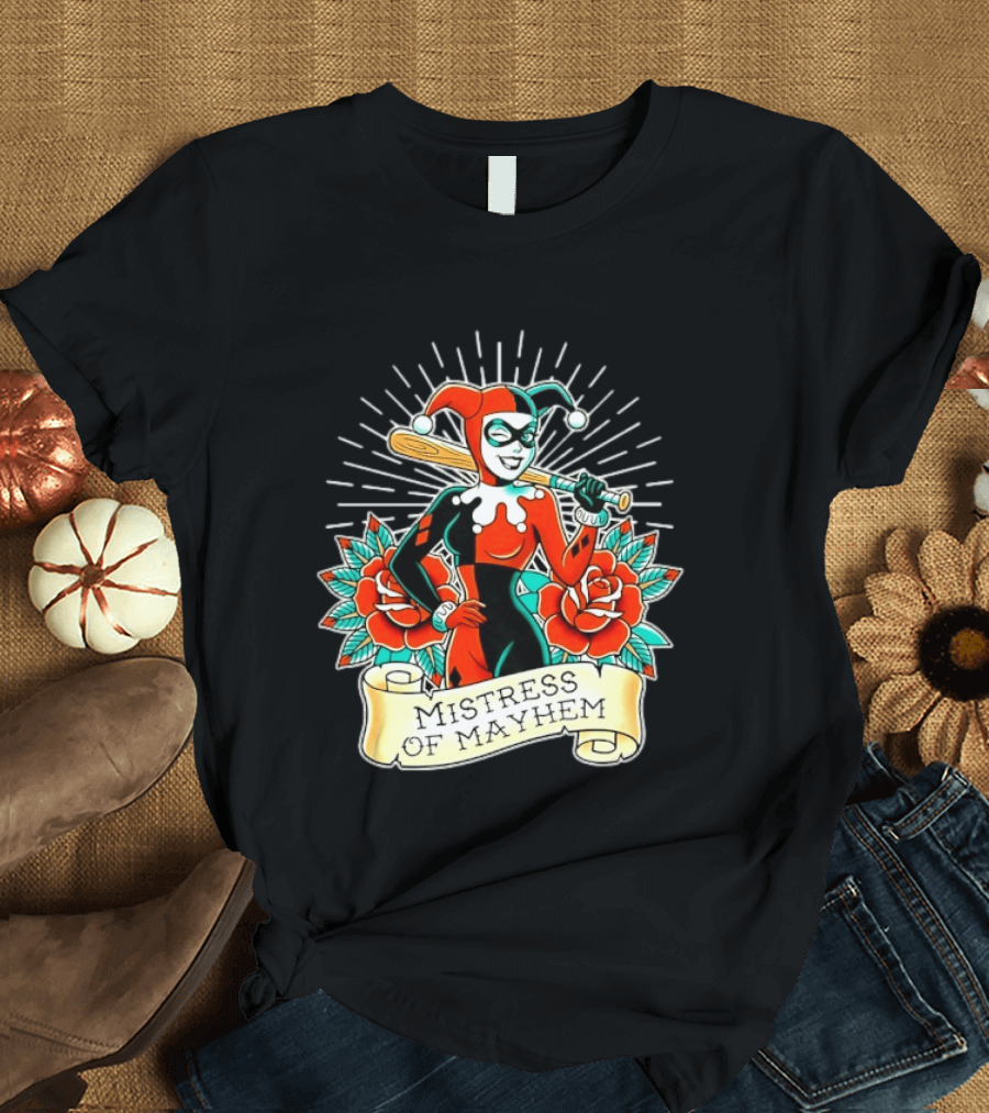 Harley Quinn DC Comics Mistress Of Mayhem Roses And Bat T-Shirt