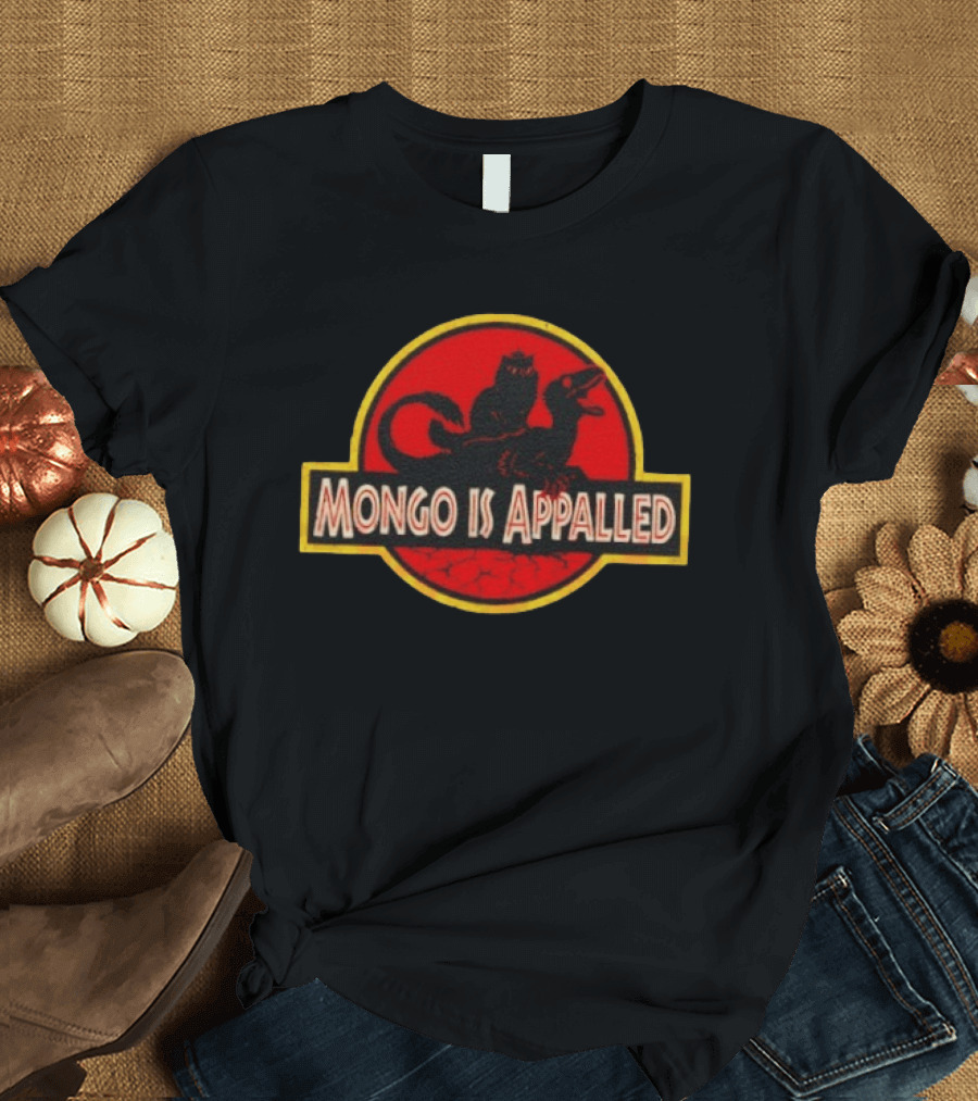 Mongo Is Appalled Cat Riding Raptor Dinosaur Circle T-Shirt
