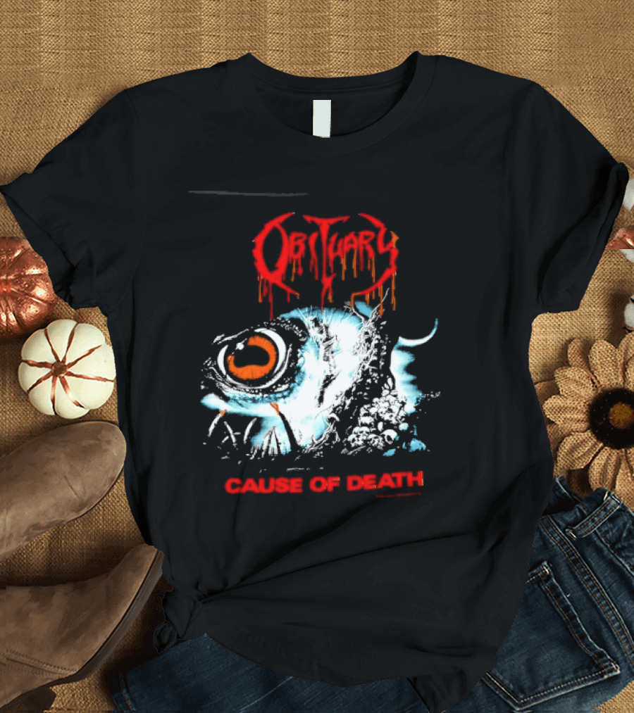 Obituary Cause Of Death Eye Metal Band With Orange Red T-Shirt