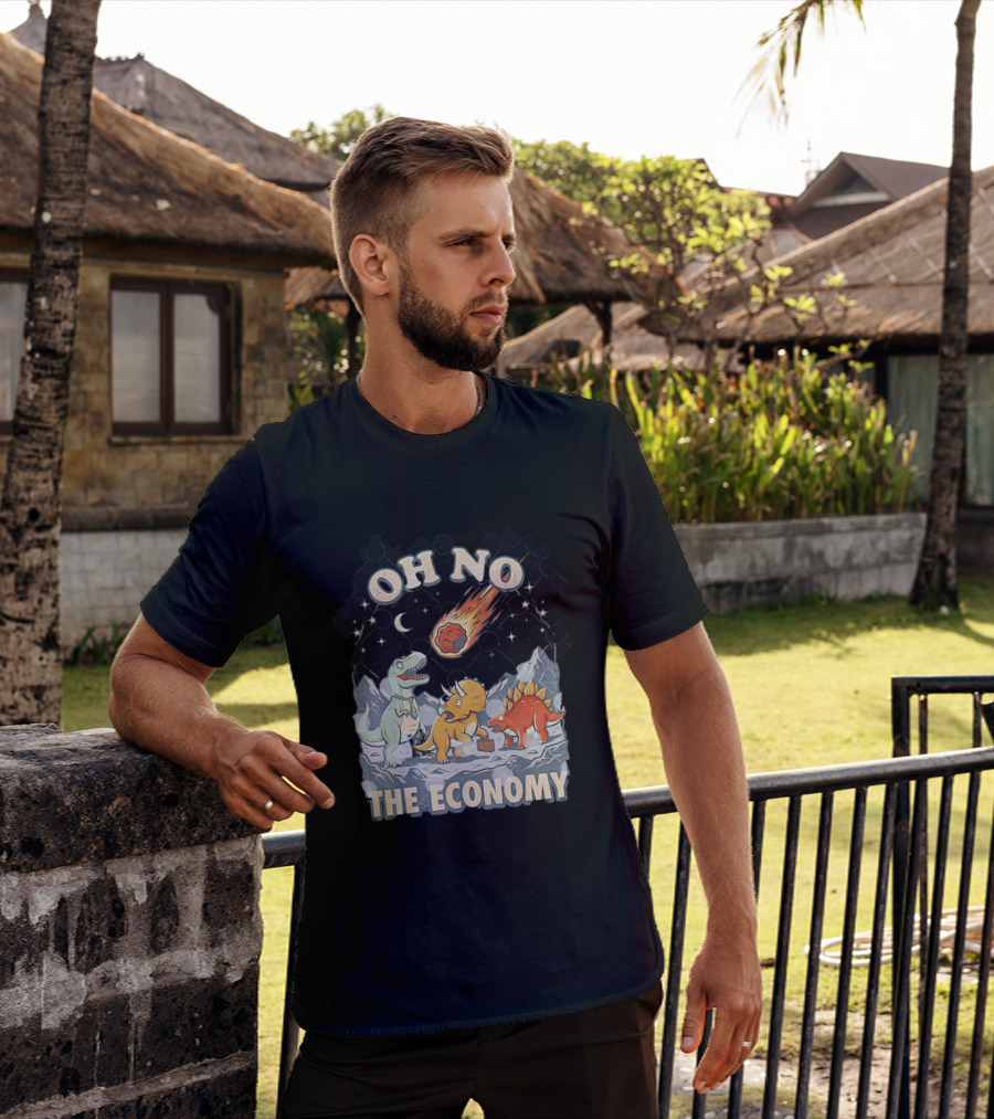 Oh No The Economy Dinosaurs Meteor Cartoon Funny Design Dinosaur Comic T-Shirt