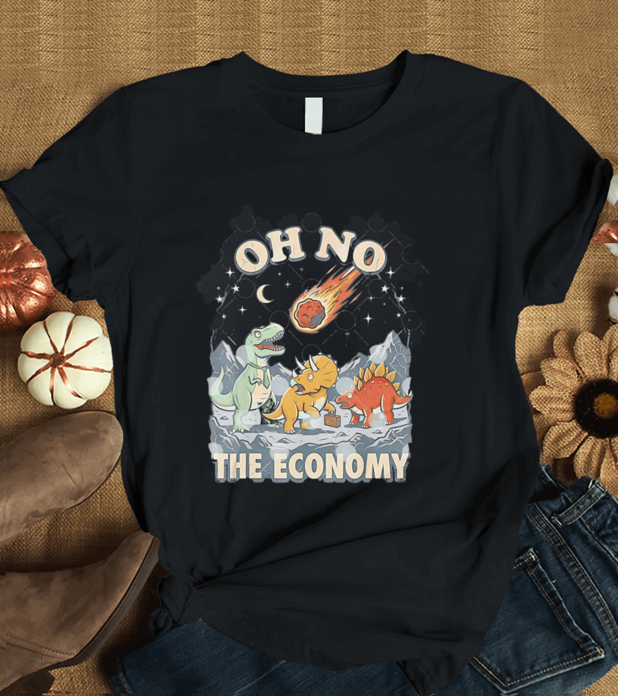 Oh No The Economy Dinosaurs Meteor Cartoon Funny Design Dinosaur Comic T-Shirt