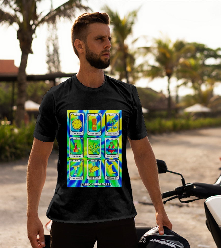 Cabin 7 Originals Tarot Cards Sun Tan Beach Bong Weed Bikini Drink Taco Moon T-Shirt