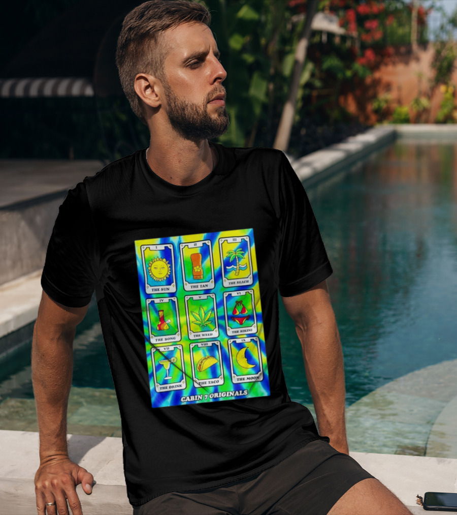 Cabin 7 Originals Tarot Cards Sun Tan Beach Bong Weed Bikini Drink Taco Moon T-Shirt