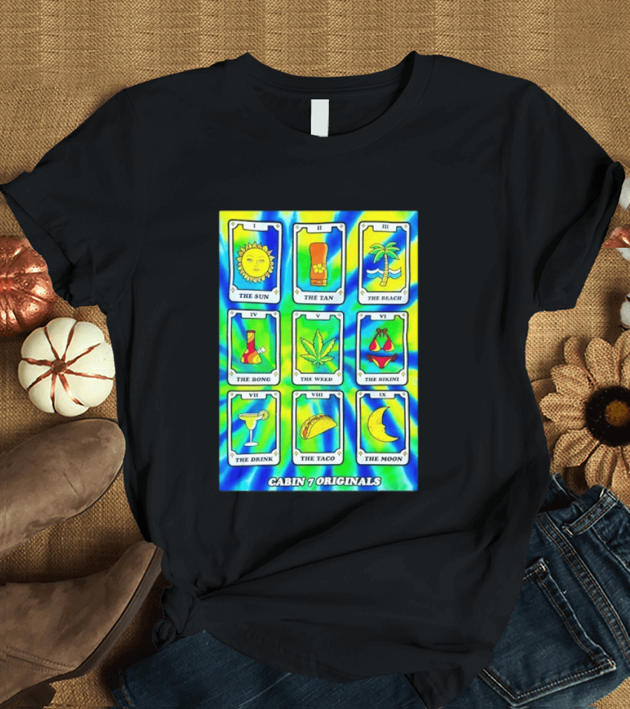 Cabin 7 Originals Tarot Cards Sun Tan Beach Bong Weed Bikini Drink Taco Moon T-Shirt