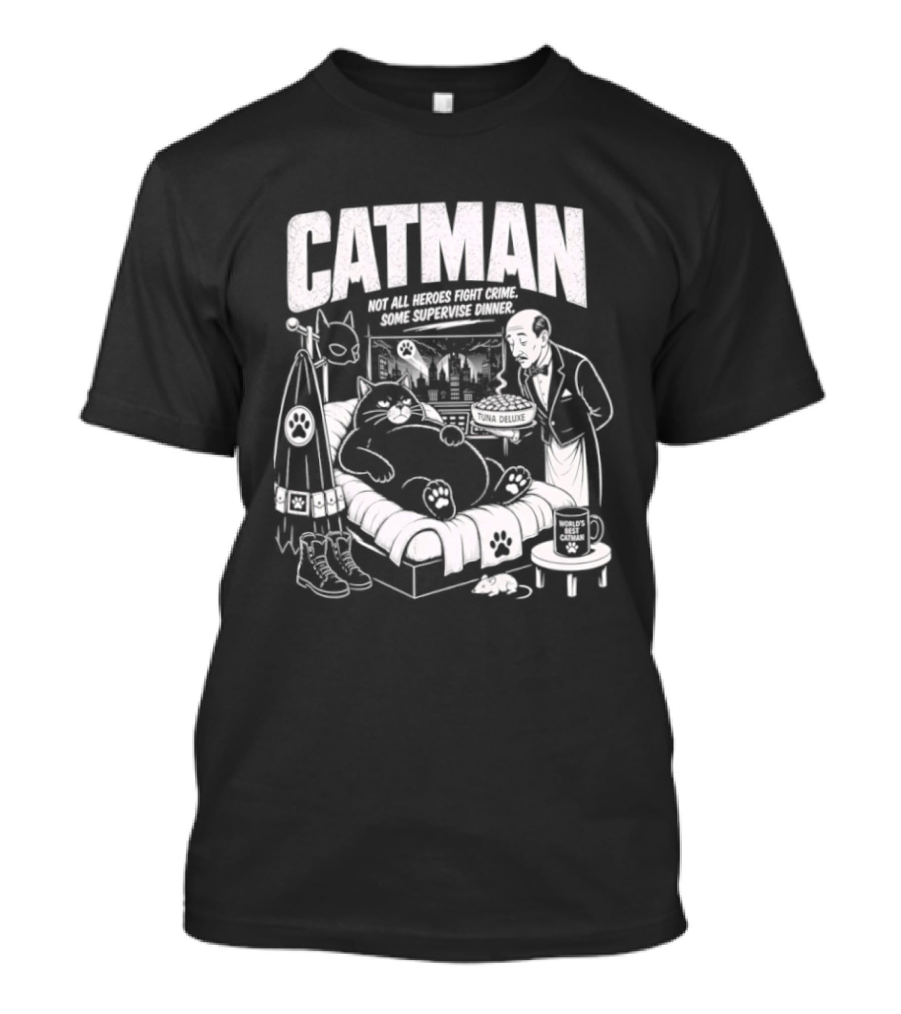 Catman Not All Heroes Fight Crime Some Supervise Dinner Comical Cat And Human Duo At Table T-Shirt