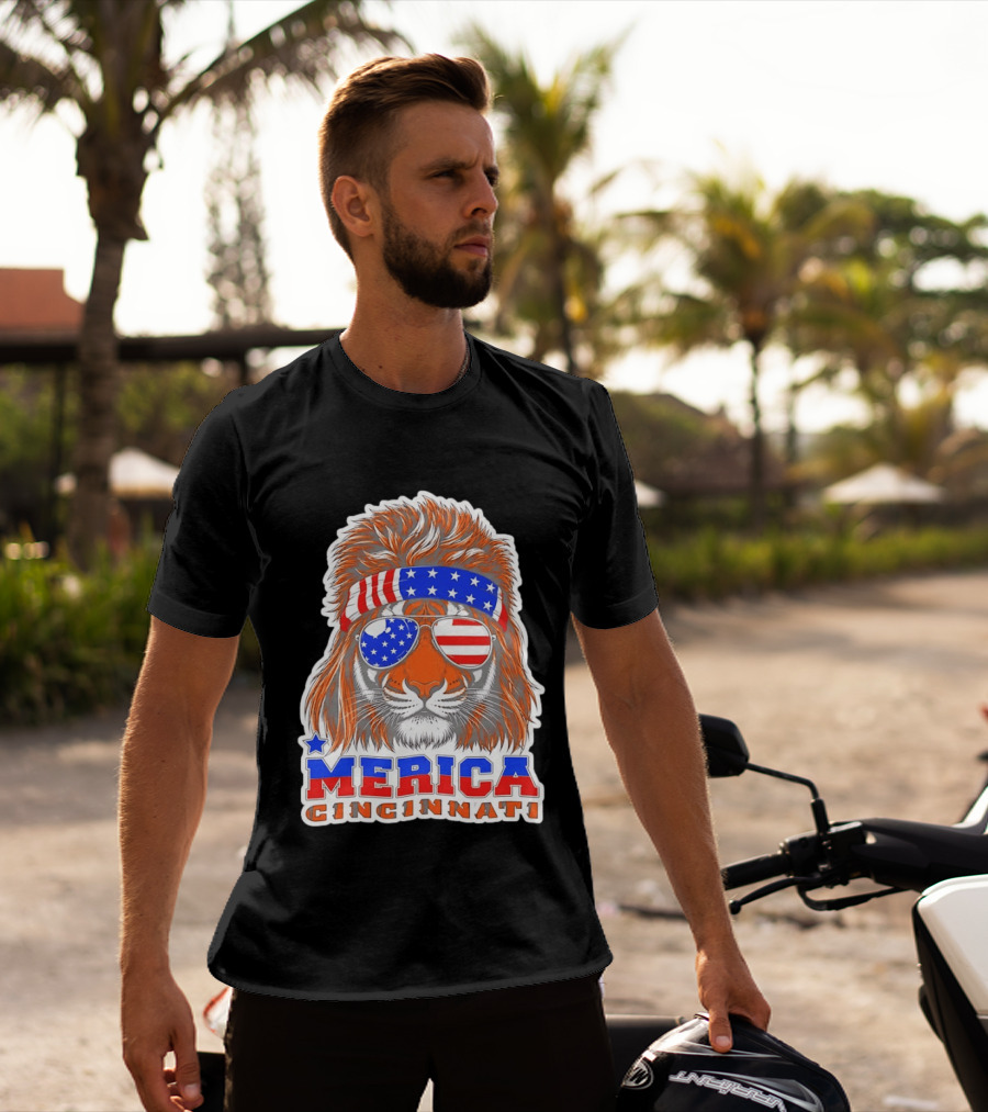 Cincinnati Merica Patriotic Tiger Mullet USA Flag T-Shirt
