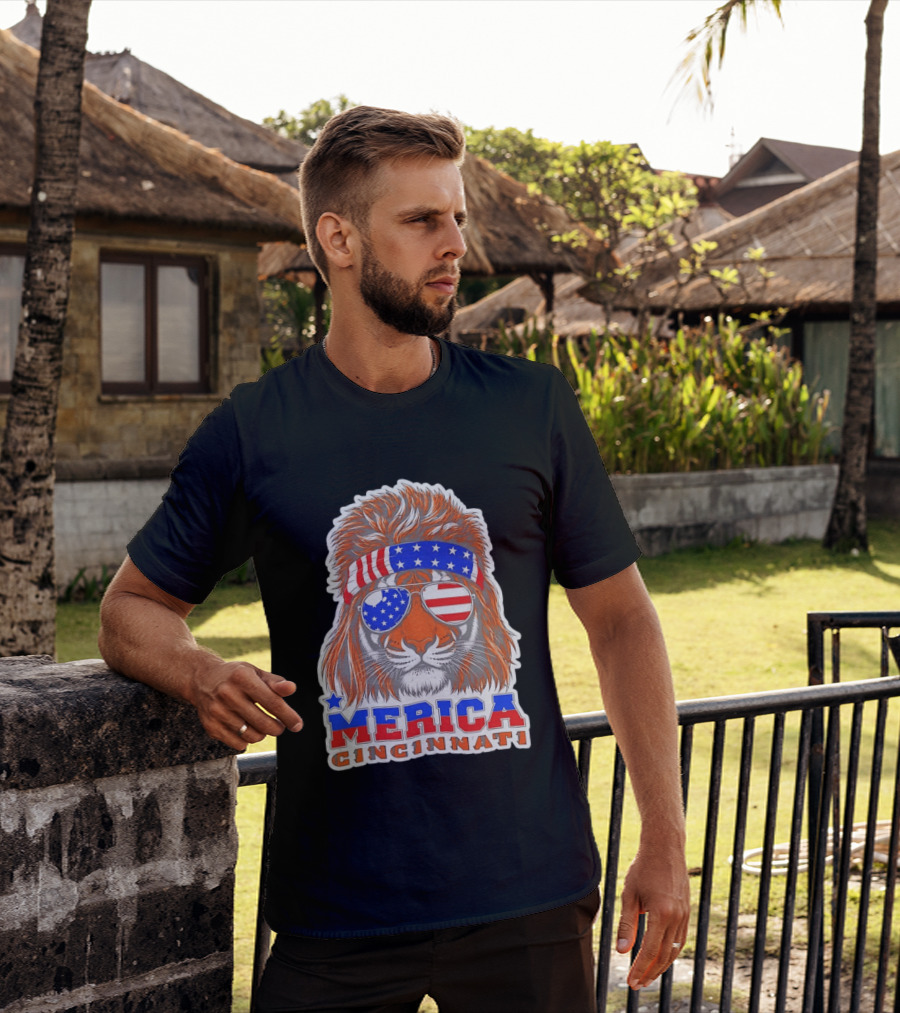 Cincinnati Merica Patriotic Tiger Mullet USA Flag T-Shirt